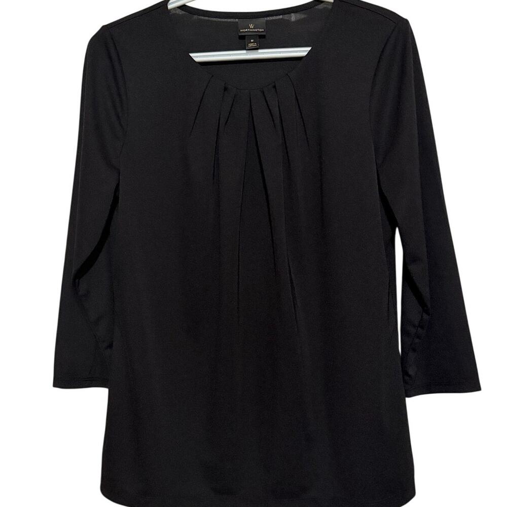 Worthington Women's Black Long Sleeve Scoop Neck Pleated Neckline Size M